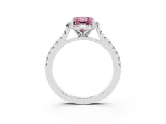 Fancy Pink Radiant Cut Diamond Solitaire Ring Set in White gold with Pavé Band and Floral Prong Setting