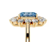 Fancy Blue Emerald Cut Diamond Floral Double Halo Ring Set in Yellow gold with Round Petals