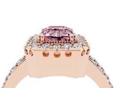 Fancy Pink Emerald Cut Diamond Halo Ring Set in Rose gold with Pavé Shank and Prong Setting