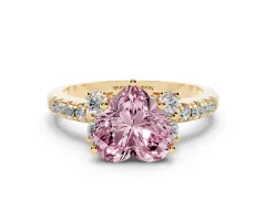 Fancy Pink Heart Cut Diamond Three-Stone Pavé Ring Set in Yellow gold with Prong Setting
