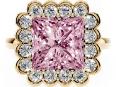 Fancy Pink Princess Cut Diamond Halo Cluster Engagement Ring Set in Yellow gold with Solitaire Band and Prong Setting