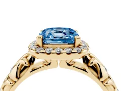 Fancy Blue Cushion Cut Diamond Halo Ring Set in Yellow gold with Filigree Leaf Band and Prong Setting