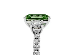Fancy Green Emerald Cut Diamond Three-Stone Ring Set in Platinum with Pavé Band and Graduated Sides