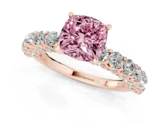 Fancy Pink Cushion Cut Diamond Solitaire Ring Set in Rose gold with Shared Prong Pavé Band