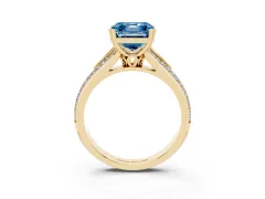 Fancy Blue Asscher Cut Diamond Split Shank Pavé Engagement Ring Set in Yellow gold with Prong-Set Center Stone