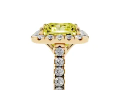 Fancy Yellow Princess Cut Diamond Pavé Halo Engagement Ring Set in Yellow gold with Pavé Band and Prong Setting