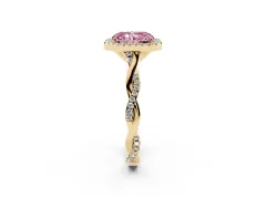 Fancy Pink Radiant Cut Diamond Halo Twist Band Solitaire Ring Set in Yellow gold with Prong Setting