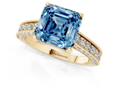 Fancy Blue Asscher Cut Diamond Solitaire Ring Set in Yellow gold with Milgrain-Edged Pavé Band and Prong Setting