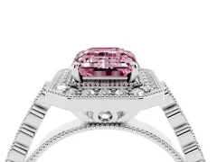 Fancy Pink Emerald Cut Diamond Milgrain Halo Solitaire Ring Set in Platinum with Bezel Set Side Stones and Pavé Band