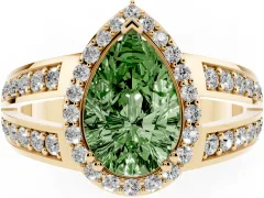 Fancy Green Pear Cut Diamond Halo Ring Set in Yellow gold with Double Pavé Split Shank