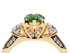 Fancy Green Pear Cut Diamond Three-Stone Ring Set in Yellow gold with Pavé Band and Smaller Side Stones