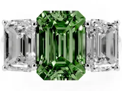Fancy Green Emerald Cut Diamond Three-Stone Ring Set in White gold with Plain Polished Band