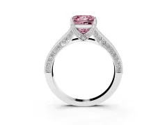 Fancy Pink Princess Cut Diamond Solitaire Ring Set in White gold with Milgrain-Edged Pavé Band and Prong Setting