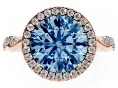 Fancy Blue Round Cut Diamond Halo Twist Band Solitaire Ring Set in Rose gold with Prong Setting