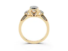 Emerald Cut Diamond Three-Stone Ring Set in Yellow gold with Pavé Band and Smaller Side Stones