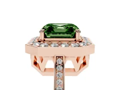 Fancy Green Asscher Cut Diamond Halo Ring Set in Rose gold with Accent-Lined Split Shank and Prong Setting