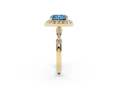 Fancy Blue Radiant Cut Diamond Halo Engagement Ring Set in Yellow gold with Twisted Band and Prong Setting