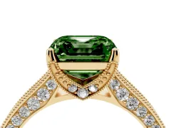 Fancy Green Asscher Cut Diamond Solitaire Ring Set in Yellow gold with Milgrain-Edged Pavé Band and Prong Setting