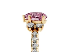 Fancy Pink Heart Cut Diamond Three-Stone Pavé Ring Set in Yellow gold with Prong Setting