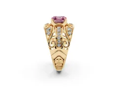 Fancy Pink Asscher Cut Diamond Art Deco Ring Set in Yellow gold with Pavé Split Shank