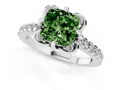 Fancy Green Cushion Cut Diamond Solitaire Ring Set in White gold with Pavé Band and Floral Prong Setting