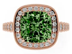 Fancy Green Cushion Cut Diamond Milgrain Halo Solitaire Ring Set in Rose gold with Bezel Set Side Stones and Pavé Band