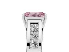 Fancy Pink Emerald Cut Diamond Solitaire Ring Set in Platinum with Channel-Set Accent Stones and Prong Setting