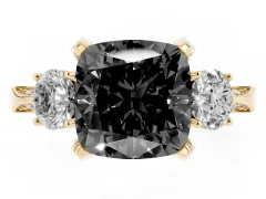 Fancy Black Cushion Cut Diamond Three-Stone Ring Set in Yellow gold with Pavé Band and Smaller Side Stones
