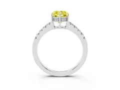 Fancy Yellow Cushion Cut Diamond Solitaire Engagement Ring Set in White gold with Pavé Band and Prong Setting