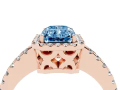 Fancy Blue Radiant Cut Diamond Halo Ring Set in Rose gold with Pavé Shoulders and Halo-Framed Center
