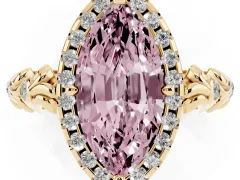 Fancy Pink Marquise Cut Diamond Halo Ring Set in Yellow gold with Filigree Leaf Band and Prong Setting