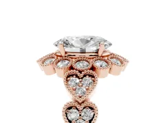 Oval Cut Diamond Solitaire Ring Set in Rose gold with Milgrain Pavé Heart Band