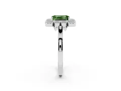 Fancy Green Emerald Cut Diamond Cluster Halo Ring Set in Silver with Milgrain Bezel Accents and Plain Band
