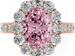 Fancy Pink Oval Cut Diamond Halo Pavé Engagement Ring Set in Rose gold with Milgrain Detailing