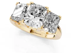 Radiant Cut Diamond Three-Stone Ring Set in Yellow gold with Channel-Set Band and Prong Settings