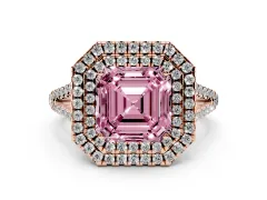 Fancy Pink Asscher Cut Diamond Double Halo Ring Set in Rose gold with Pavé Band