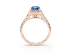 Fancy Blue Radiant Cut Diamond Halo Engagement Ring Set in Rose gold with Pavé Band and Prong-Set Center