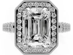 Emerald Cut Diamond Milgrain Halo Solitaire Ring Set in White gold with Bezel Set Side Stones and Pavé Band