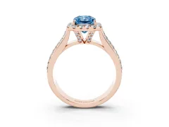 Fancy Blue Radiant Cut Diamond Halo Ring Set in Rose gold with Pavé Band and Raised Center Setting