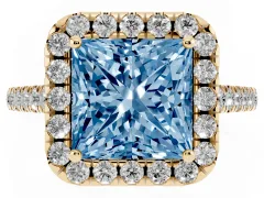 Fancy Blue Princess Cut Diamond Pavé Halo Engagement Ring Set in Yellow gold with Pavé Band and Prong Setting