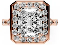 Radiant Cut Diamond Halo Engagement Ring Set in Rose gold with Twisted Band and Prong Setting