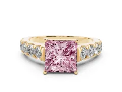 Fancy Pink Princess Cut Diamond Solitaire Ring Set in Yellow gold with Cut-Down Micro Pavé Band and Prong Setting