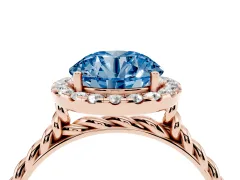 Fancy Blue Round Cut Diamond Halo Ring Set in Rose gold with Plain Twisted Band