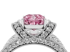 Fancy Pink Cushion Cut Diamond Milgrain Halo Pavé Engagement Ring Set in Silver with Prong Setting