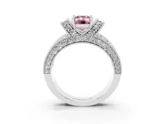 Fancy Pink Emerald Cut Diamond Milgrain Halo Pavé Engagement Ring Set in White gold with Prong Setting