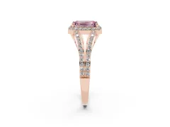 Fancy Pink Emerald Cut Diamond Halo Split Shank Pavé Ring Set in Rose gold with Prong Setting