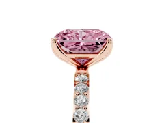 Fancy Pink Radiant Cut Diamond Solitaire Engagement Ring Set in Rose gold with Round Pavé Band and Prong Setting