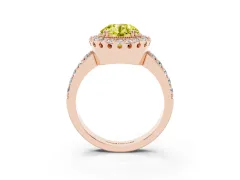 Fancy Yellow Round Cut Diamond Halo Ring Set in Rose gold with Pavé Shank and Prong Setting