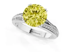 Fancy Yellow Round Cut Diamond Split Shank Pavé Engagement Ring Set in Platinum with Prong-Set Center Stone