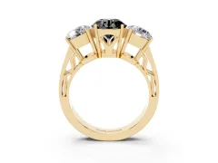 Fancy Black Round Cut Diamond Three-Stone Ring Set in Yellow gold with Textured Band